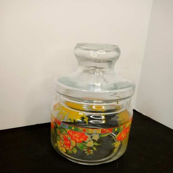 Vintage Clear Round‎ orange yellow Floral Container w/  Lid 4" wide 6" tall - Picture 2 of 15